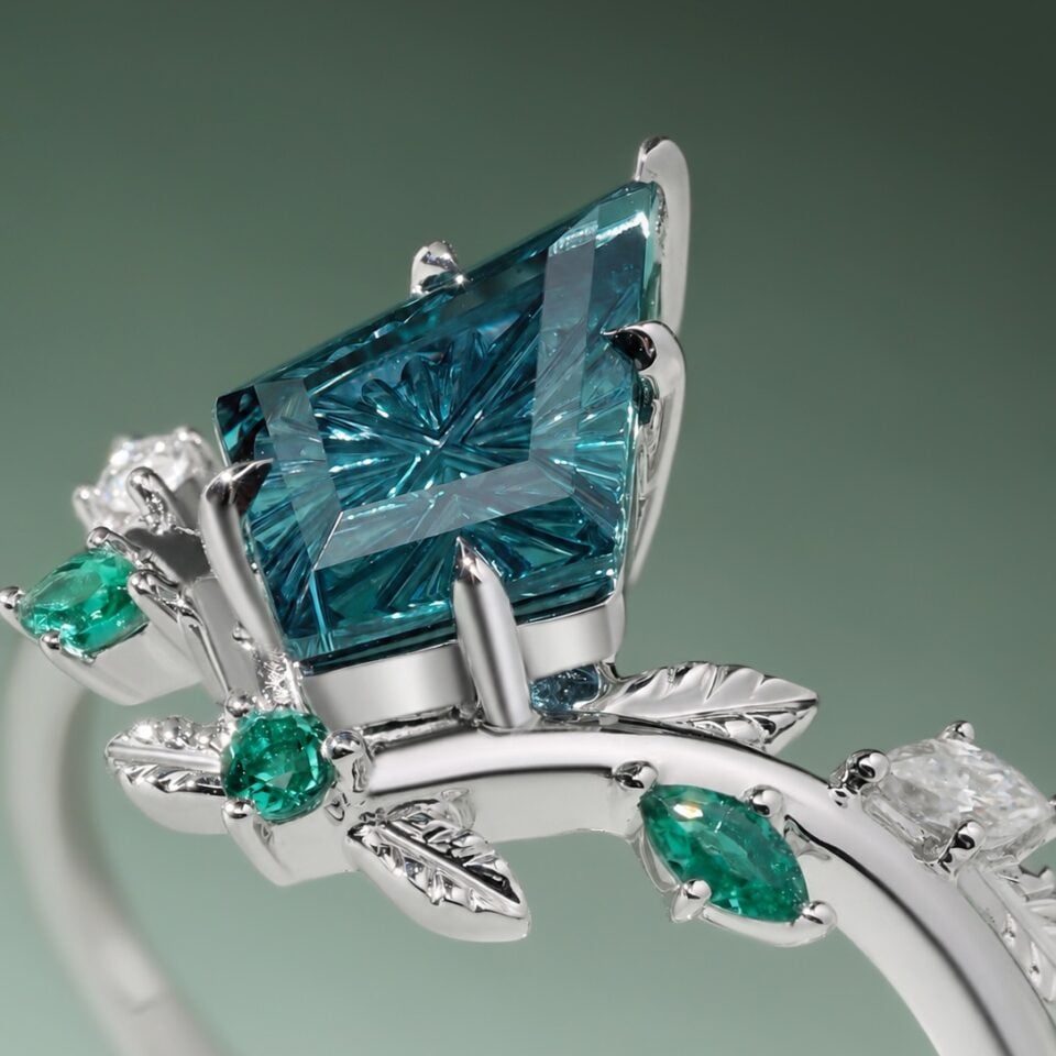 Sylvan Crown Fantasy Cut Kite Shaped Lab Alexandrite Chevron Leaf Band Nature Inspired Engagement Ring (3)