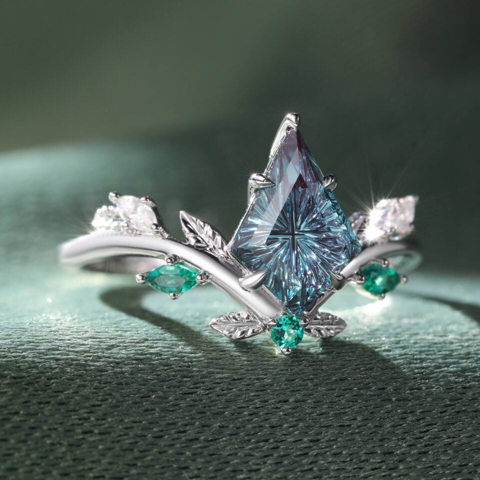 Sylvan Crown Fantasy Cut Kite Shaped Lab Alexandrite Chevron Leaf Band Nature Inspired Engagement Ring (4)
