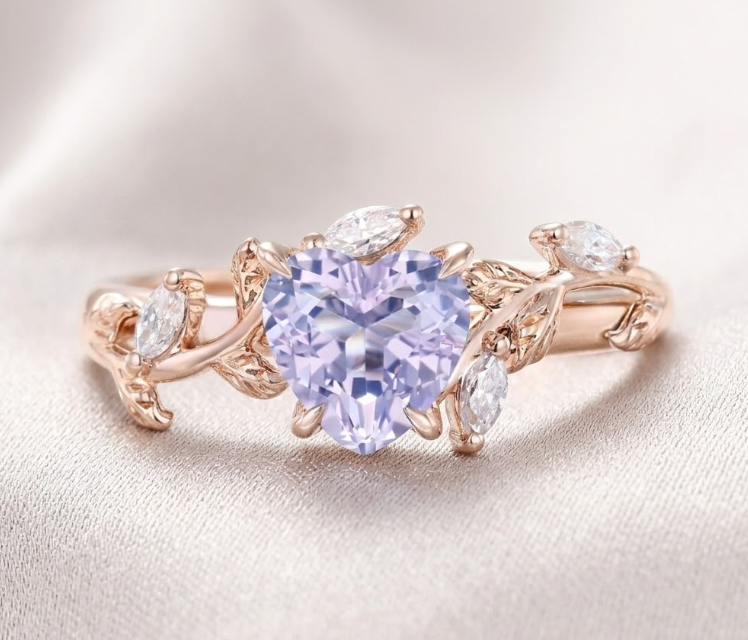 Heart Shaped Amethyst Lavender Leaf Promise Ring February Birthstone Ring