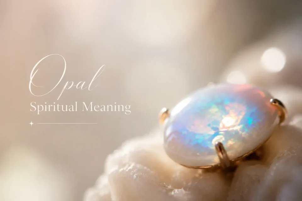 A close-up image of a vibrant, color-shifting opal cabochon set in a gold bezel with text that reads Opal Spiritual Meaning
