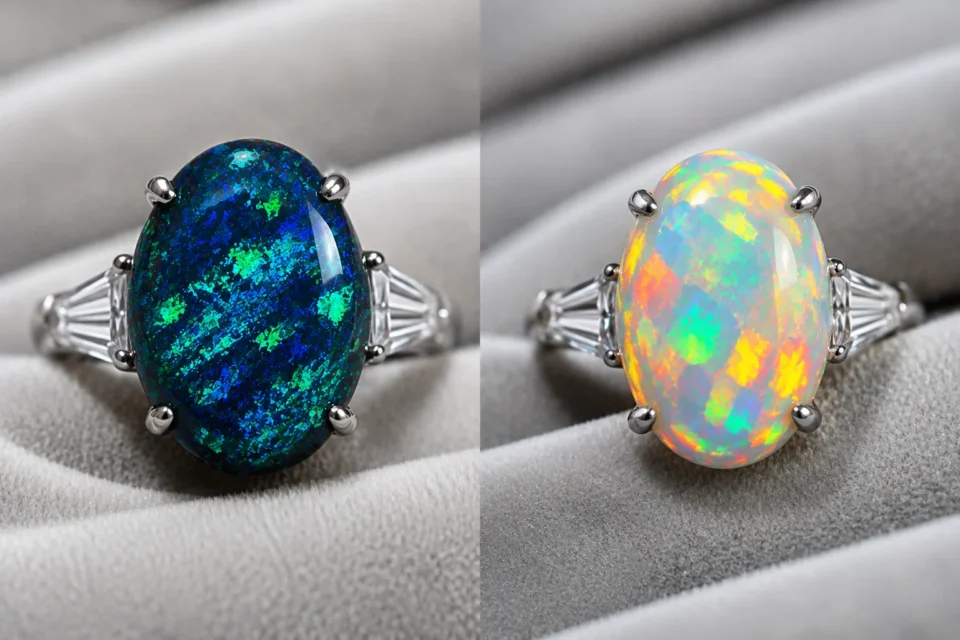 A comparison of two similar platinum rings, one featuring a dark blue-green opal and the other a rainbow white opal