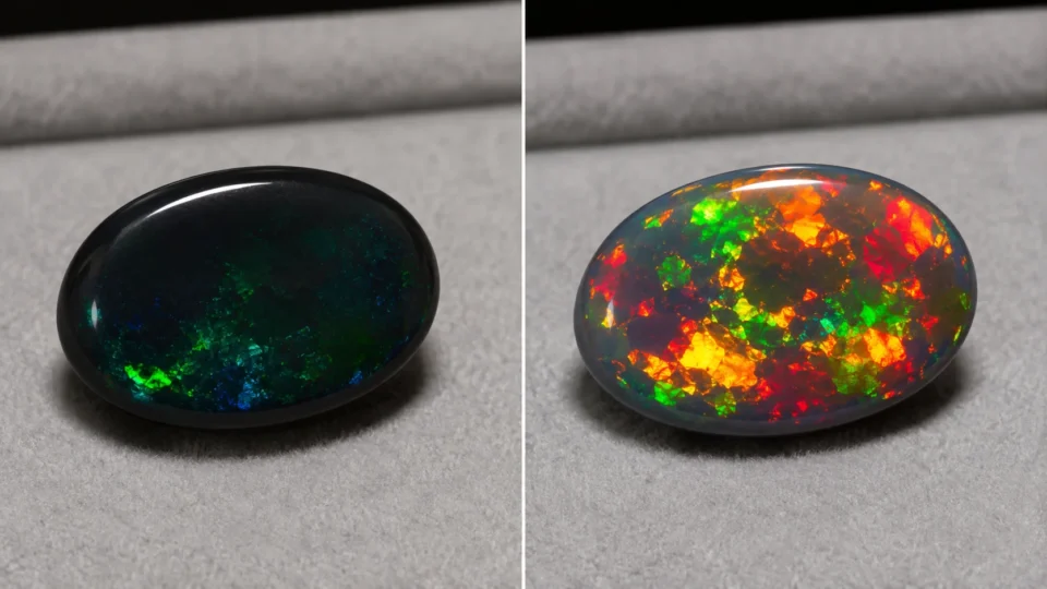 A Comparison Showing A Dull Black Opal (Left) Next To A Vibrant, Colorful One (Right)