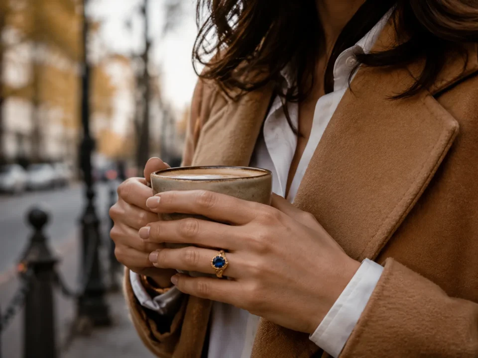 A custom yellow gold sapphire ring paired with a camel coat and a white blouse for a daily lifestyle look