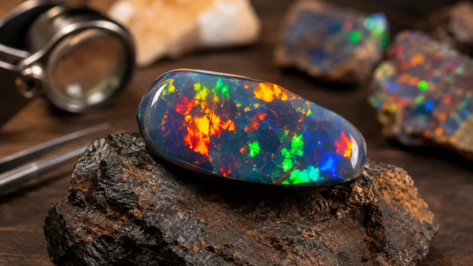 A polished black opal with vibrant red, orange, and green rolling color flashes