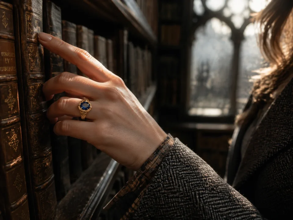 A woman wearing a vintage sapphire ring and a tweed blazer holding a classic book
