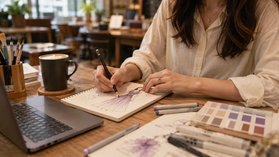Woman styling an amethyst ring with a neutral everyday outfit