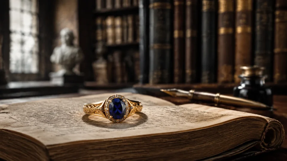 An antique yellow gold September birthstone ring with a deep blue sapphire on an open vintage book inside a library