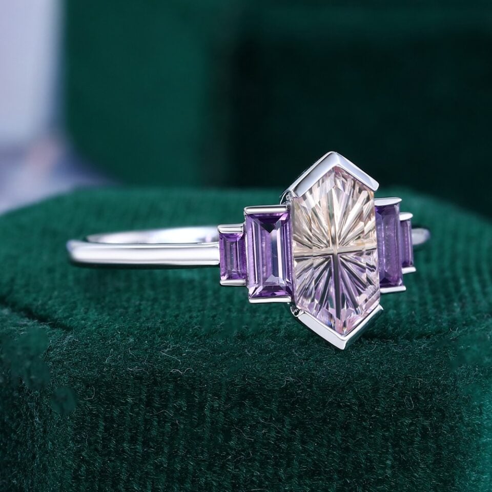 Art Deco Fantasy Cut Elongated Hexagon Shaped Ametrine Engagement Ring (2)
