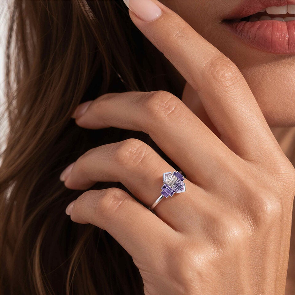 Art Deco Fantasy Cut Elongated Hexagon Shaped Ametrine Engagement Ring (7)