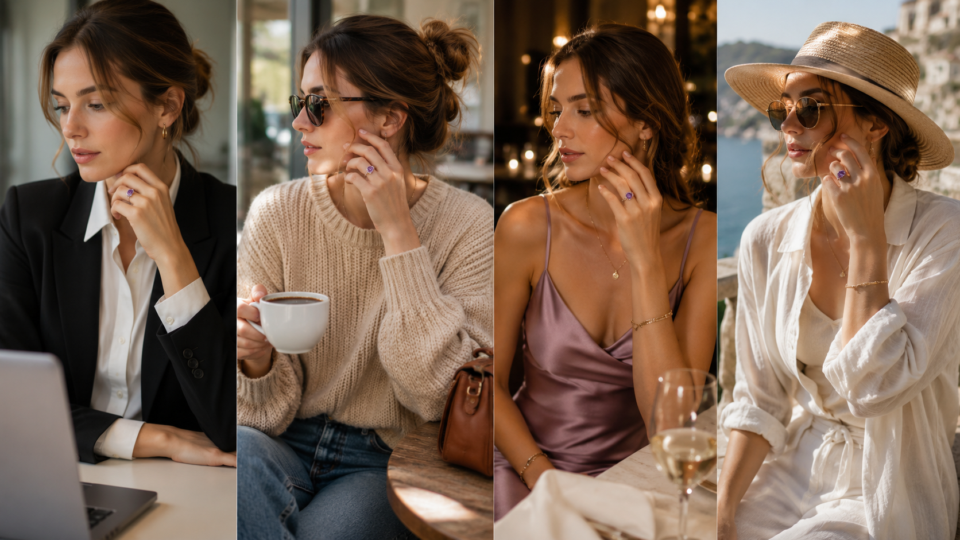 Different outfit ideas showing how to style an amethyst ring for work, weekends, date nights, and special occasions.