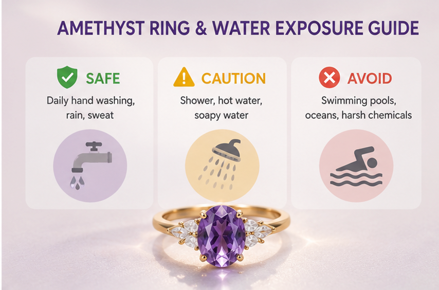 Everyday water exposure guide for an amethyst ring