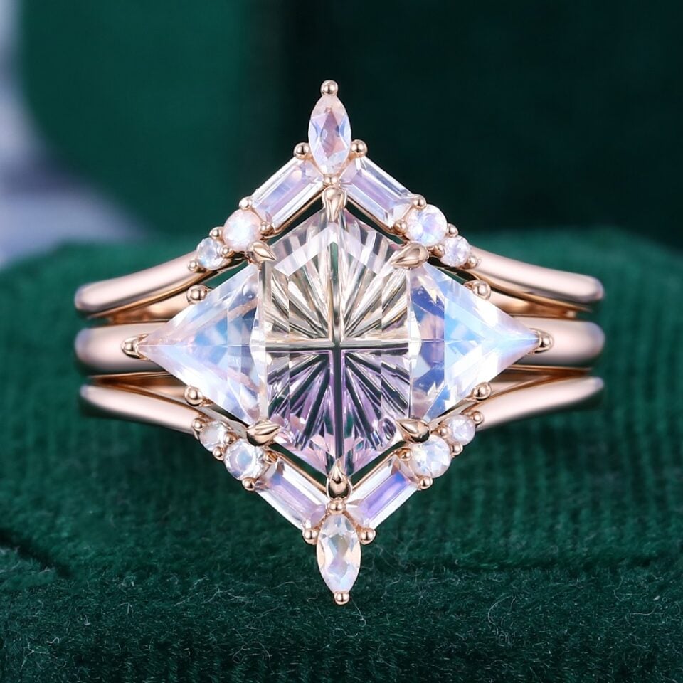 Fantasy Cut Elongated Hexagon Shaped Ametrine & Moonstone Art Deco Geometric Engagement Ring Set