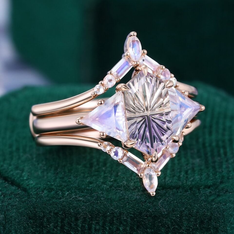 Fantasy Cut Elongated Hexagon Shaped Ametrine & Moonstone Art Deco Geometric Engagement Ring Set (2)