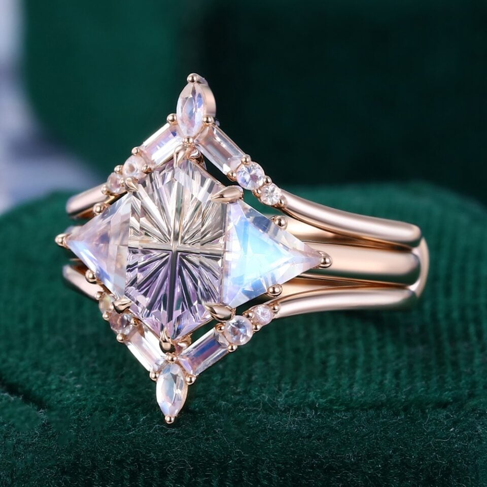 Fantasy Cut Elongated Hexagon Shaped Ametrine & Moonstone Art Deco Geometric Engagement Ring Set (3)