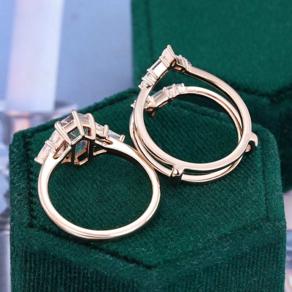 Fantasy Cut Elongated Hexagon Shaped Ametrine & Moonstone Art Deco Geometric Engagement Ring Set (4)