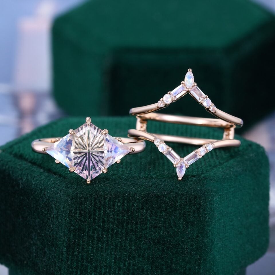 Fantasy Cut Elongated Hexagon Shaped Ametrine & Moonstone Art Deco Geometric Engagement Ring Set (7)