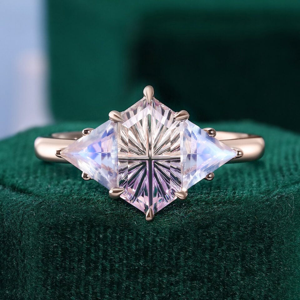 Fantasy Cut Elongated Hexagon Shaped Ametrine & Moonstone Three Stone Engagement Ring
