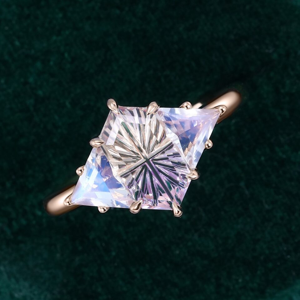 Fantasy Cut Elongated Hexagon Shaped Ametrine & Moonstone Three Stone Engagement Ring (7)