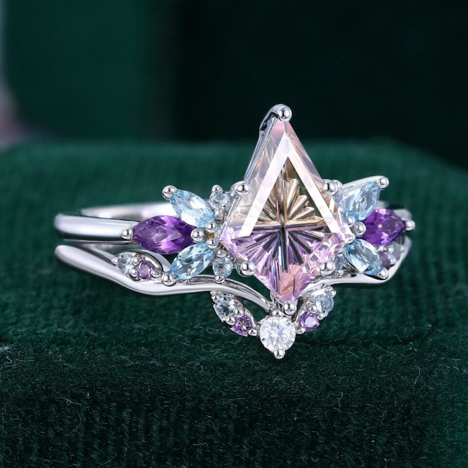 Fantasy Cut Kite Shaped Ametrine Butterfly Cluster Bridal Set Fairycore Engagement Ring Set (3)