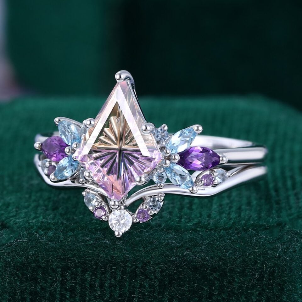 Fantasy Cut Kite Shaped Ametrine Butterfly Cluster Bridal Set Fairycore Engagement Ring Set (4)