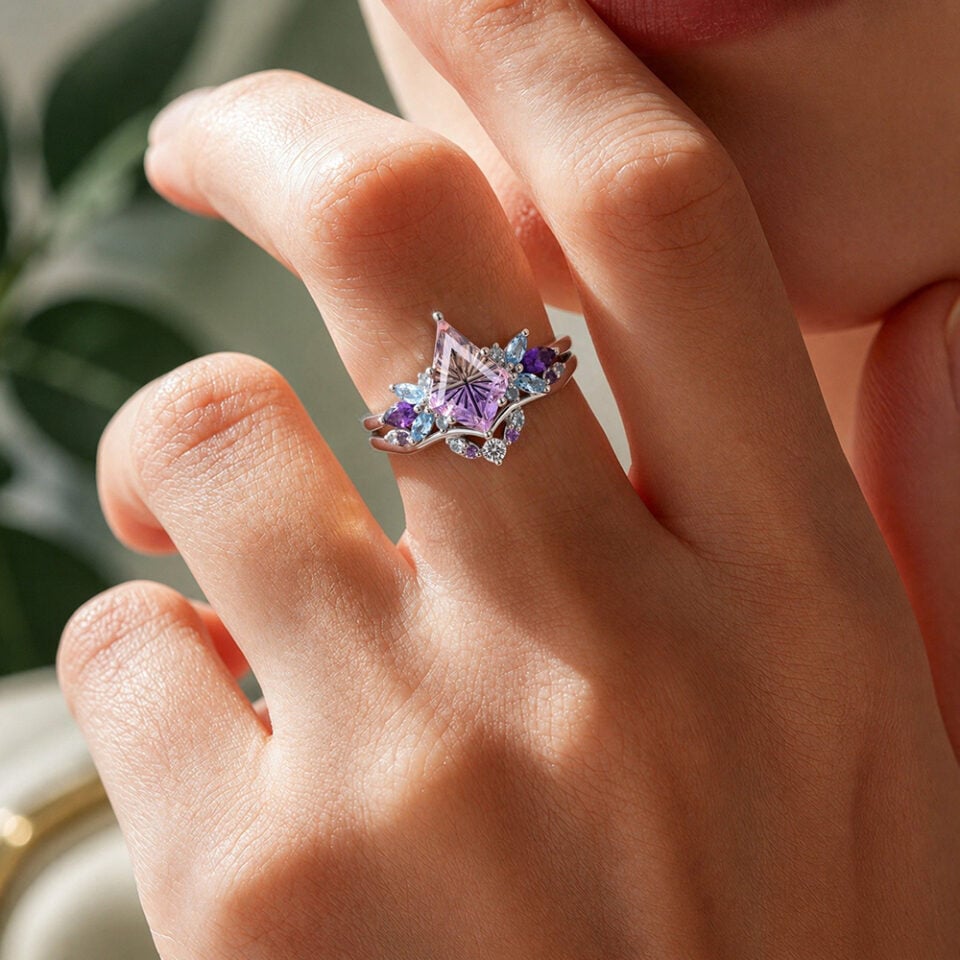 Fantasy Cut Kite Shaped Ametrine Butterfly Cluster Bridal Set Fairycore Engagement Ring Set