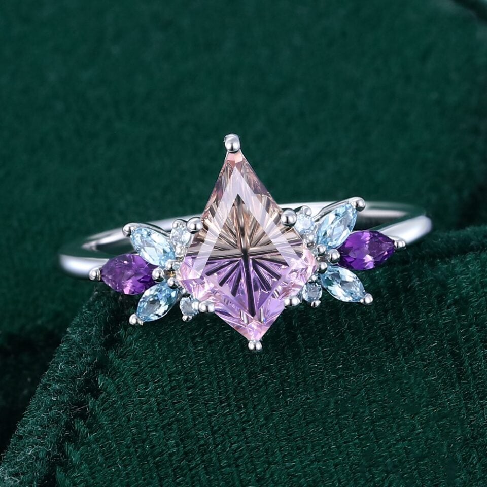 Fantasy cut kite shaped ametrine butterfly cluster engagement ring