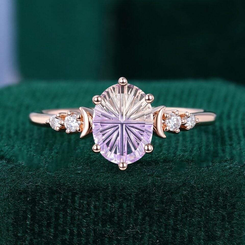 Fantasy Cut Oval Shaped Ametrine Crescent Five Stone Engagement Ring