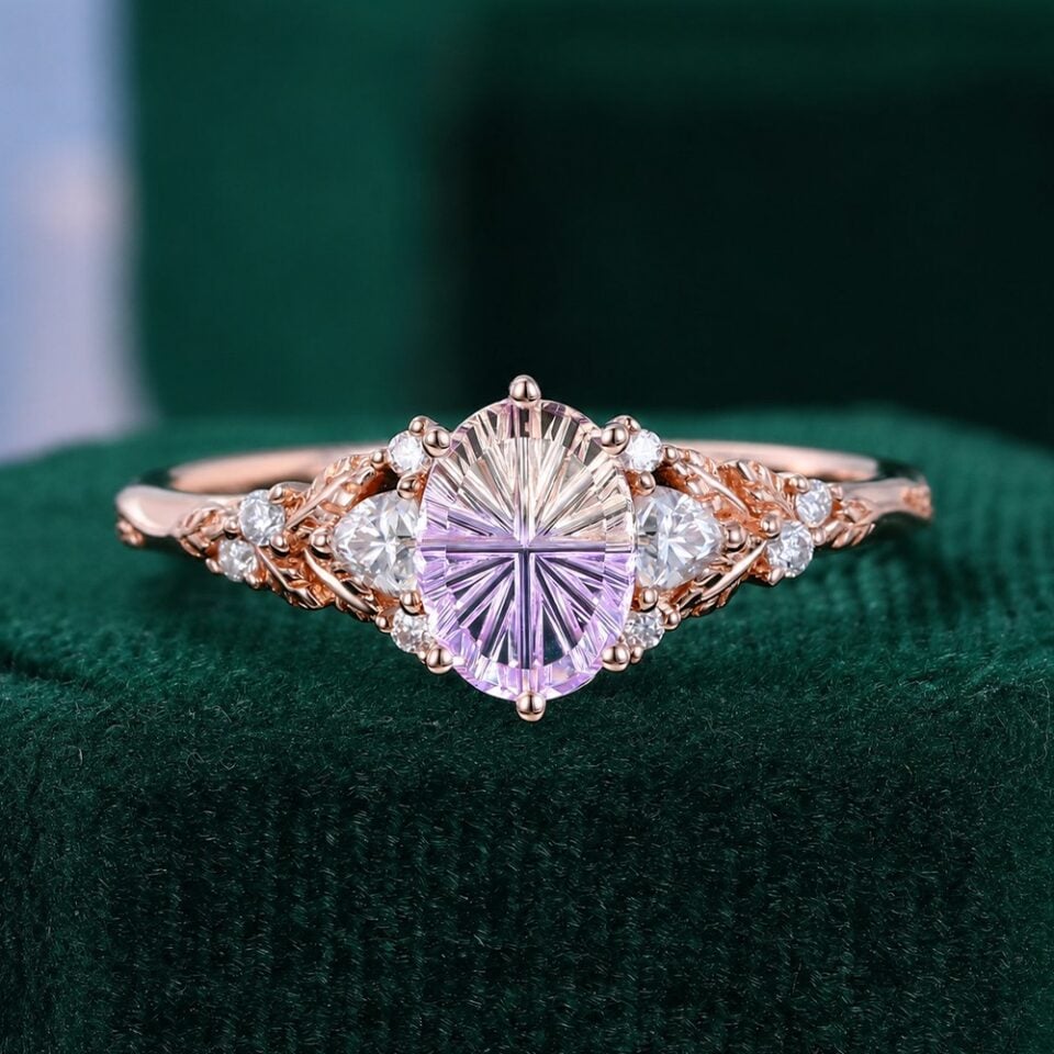 Fantasy Cut Oval Shaped Ametrine Engagement Ring With Carved Leaf Band
