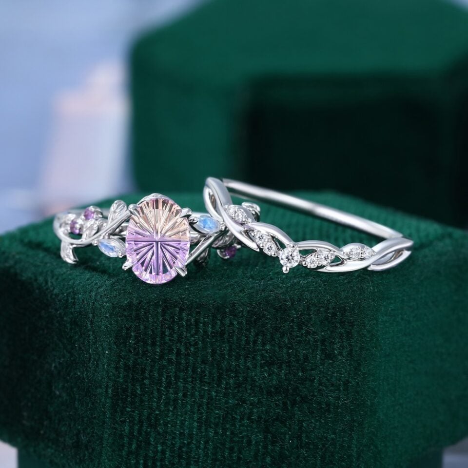 Fantasy Cut Oval Shaped Ametrine Nature Inspired Leaflace Engagement Ring Set