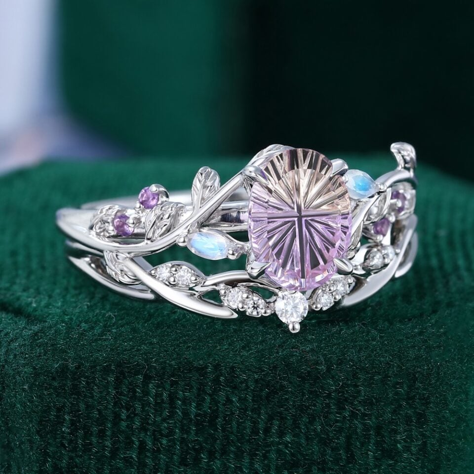 Fantasy Cut Oval Shaped Ametrine Nature Inspired LeafLace Engagement Ring Set (7)