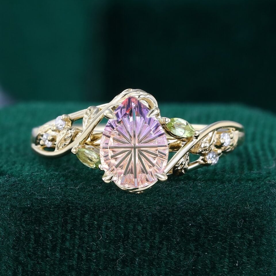 Fantasy Cut Pear Shaped Ametrine Branch Inspired Leafy Engagement Ring