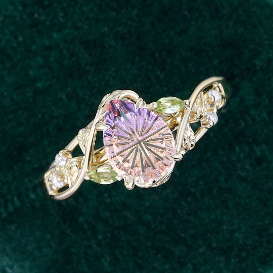 Fantasy Cut Pear Shaped Ametrine Branch Inspired Leafy Engagement Ring (7)