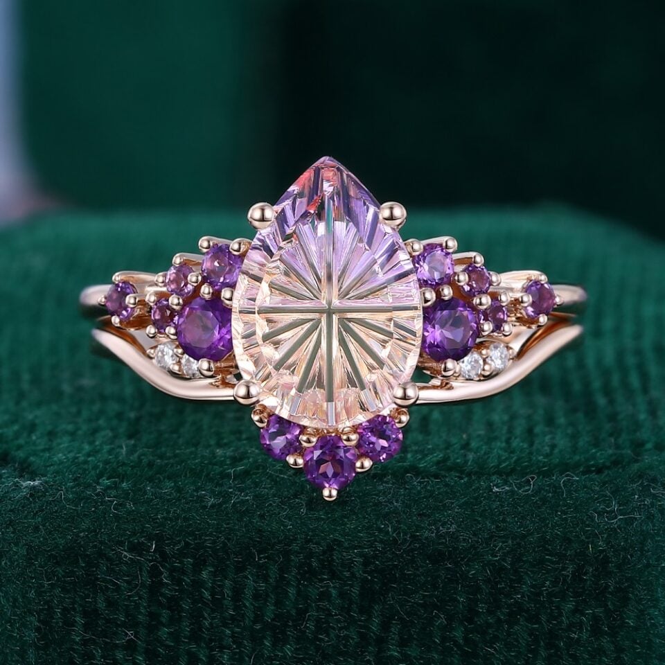 Fantasy Cut Pear Shaped Ametrine Bridal Set Snowdrift Cluster Engagement Ring Set