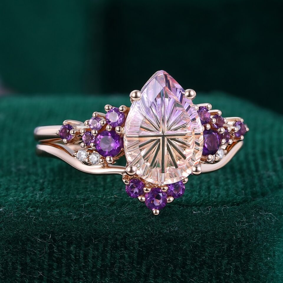 Fantasy Cut Pear Shaped Ametrine Bridal Set Snowdrift Cluster Engagement Ring Set (2)