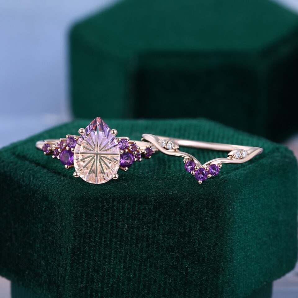 Fantasy Cut Pear Shaped Ametrine Bridal Set Snowdrift Cluster Engagement Ring Set (7)