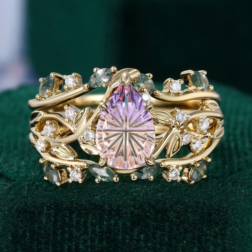Fantasy Cut Pear Shaped Ametrine Engagement Ring Set Elven Canopy Bridal Set