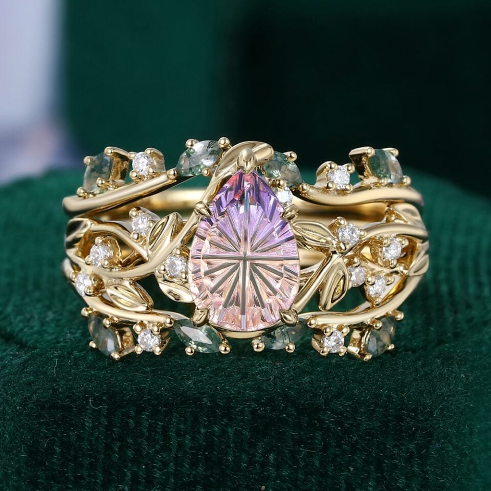 Fantasy Cut Pear Shaped Ametrine Engagement Ring Set Elven Canopy Bridal Set