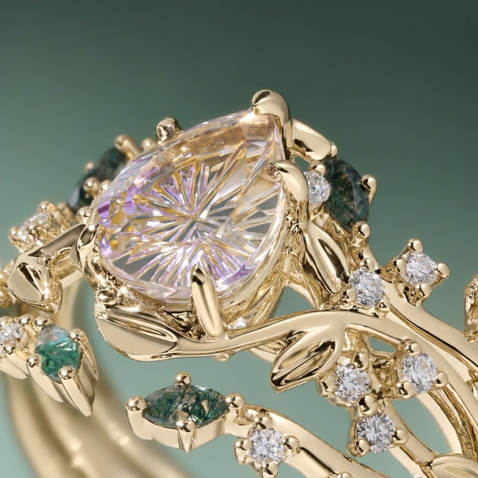 Fantasy Cut Pear Shaped Ametrine Engagement Ring Set Elven Canopy Bridal Set (2)