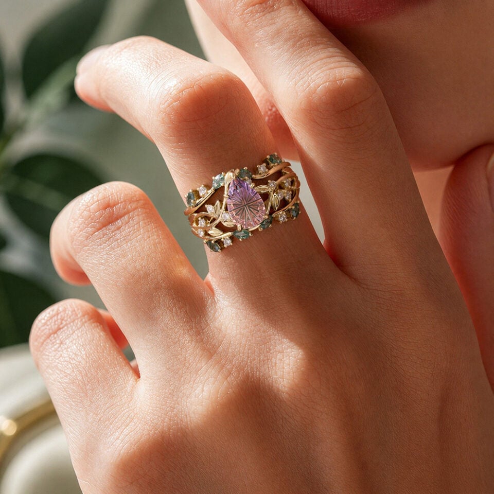 Fantasy cut pear shaped ametrine engagement ring set elven canopy bridal set