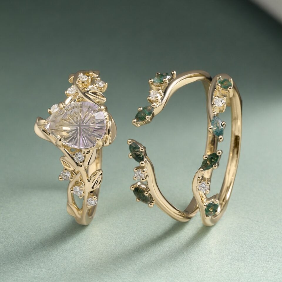 Fantasy Cut Pear Shaped Ametrine Engagement Ring Set Elven Canopy Bridal Set (3)