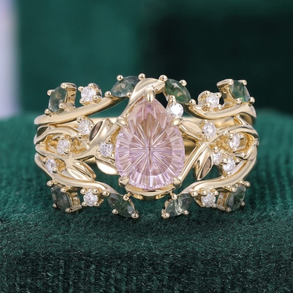 Fantasy Cut Pear Shaped Ametrine Engagement Ring Set Elven Canopy Bridal Set