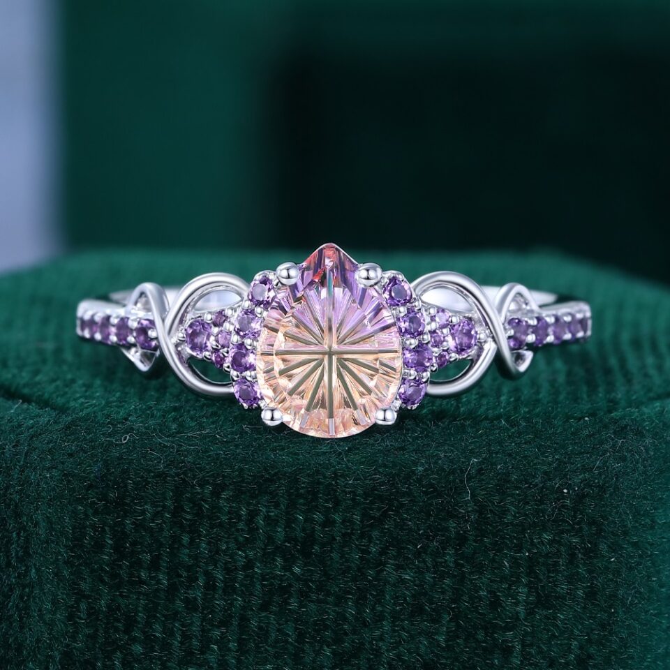 Fantasy Cut Pear Shaped Ametrine Infinity Engagement Ring with Amethyst Pave Accents