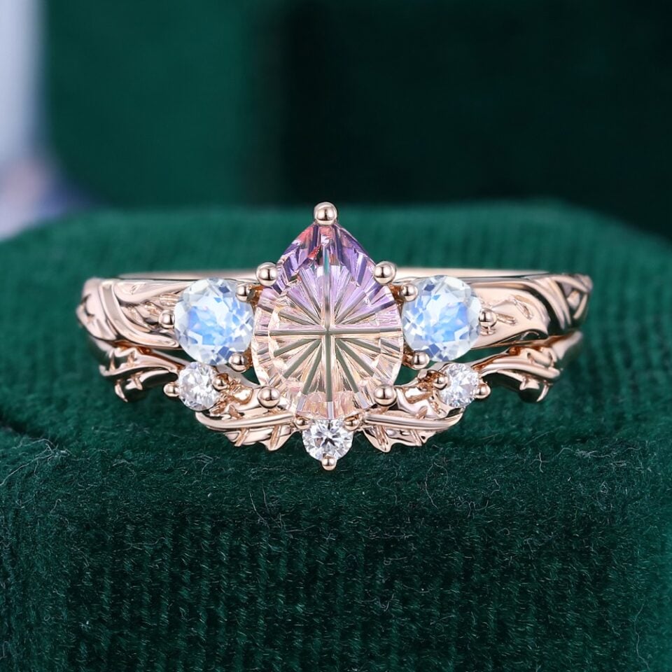 Fantasy Cut Pear Shaped Ametrine & Moonstone Maple Bridal Ring Set Three Stone Engagement Ring Set