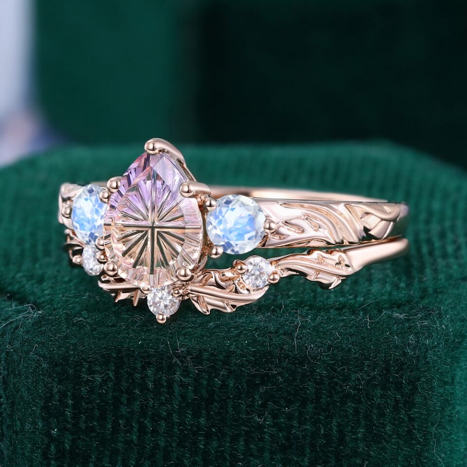 Fantasy Cut Pear Shaped Ametrine & Moonstone Maple Bridal Ring Set Three Stone Engagement Ring Set (3)