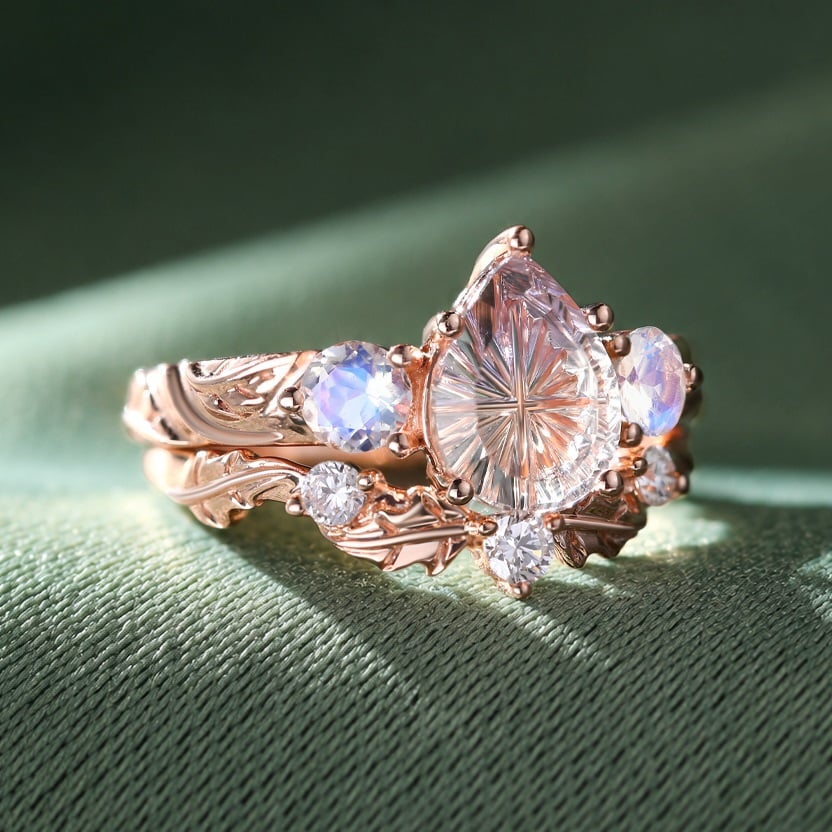 Fantasy Cut Pear Shaped Ametrine & Moonstone Maple Bridal Ring Set Three Stone Engagement Ring Set (4)