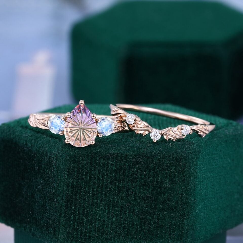 Fantasy Cut Pear Shaped Ametrine & Moonstone Maple Bridal Ring Set Three Stone Engagement Ring Set (4)