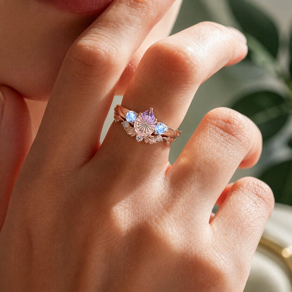 Fantasy Cut Pear Shaped Ametrine & Moonstone Maple Bridal Ring Set Three Stone Engagement Ring Set (6)