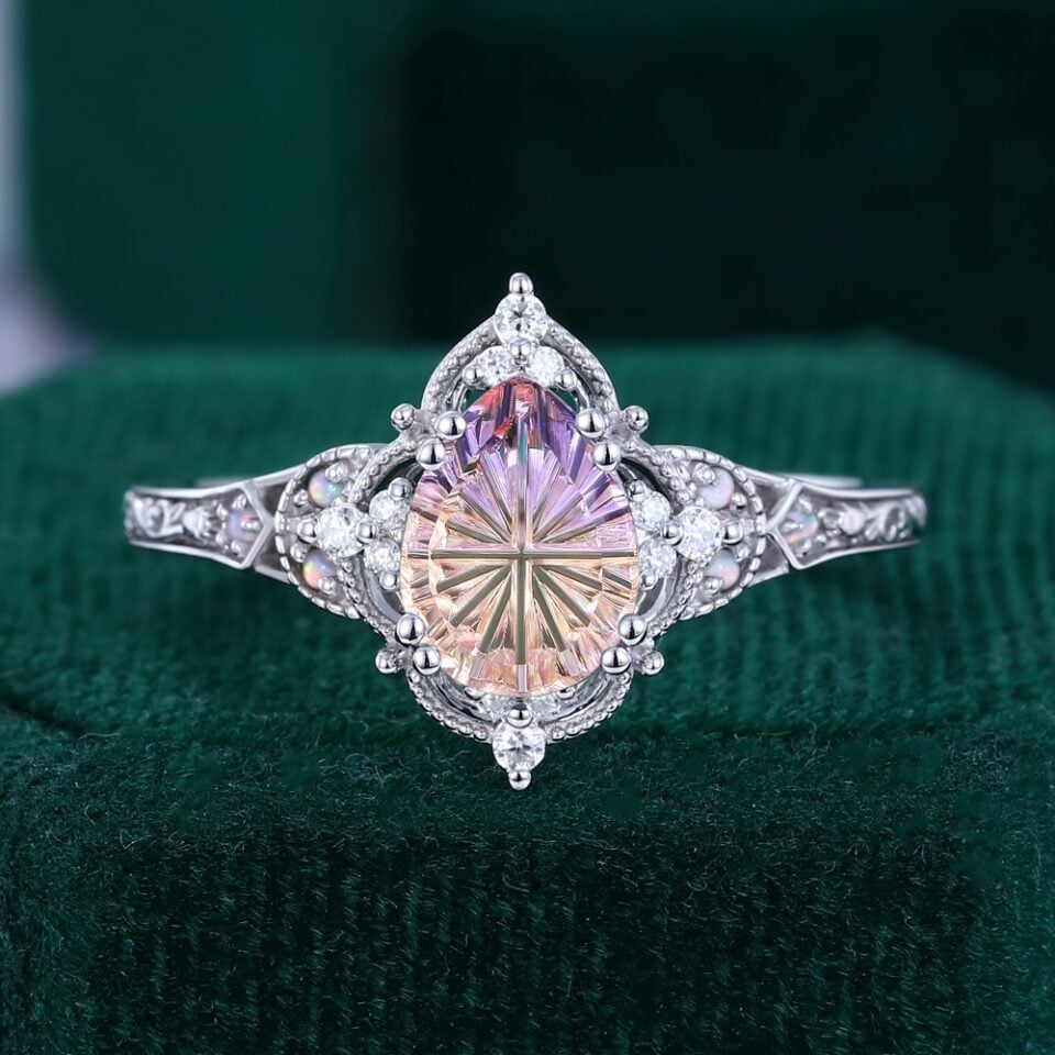 Fantasy Cut Pear Shaped Ametrine & Opal Vintage Filigree Halo Engagement Ring