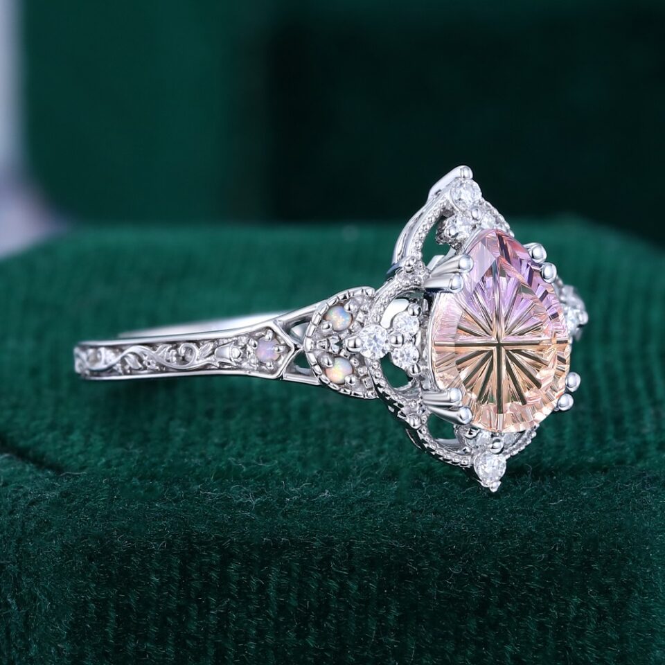 Fantasy Cut Pear Shaped Ametrine & Opal Vintage Filigree Halo Engagement Ring (2)