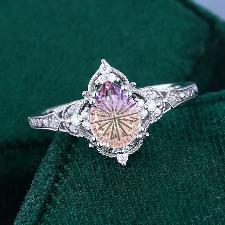 Fantasy Cut Pear Shaped Ametrine & Opal Vintage Filigree Halo Engagement Ring (3)